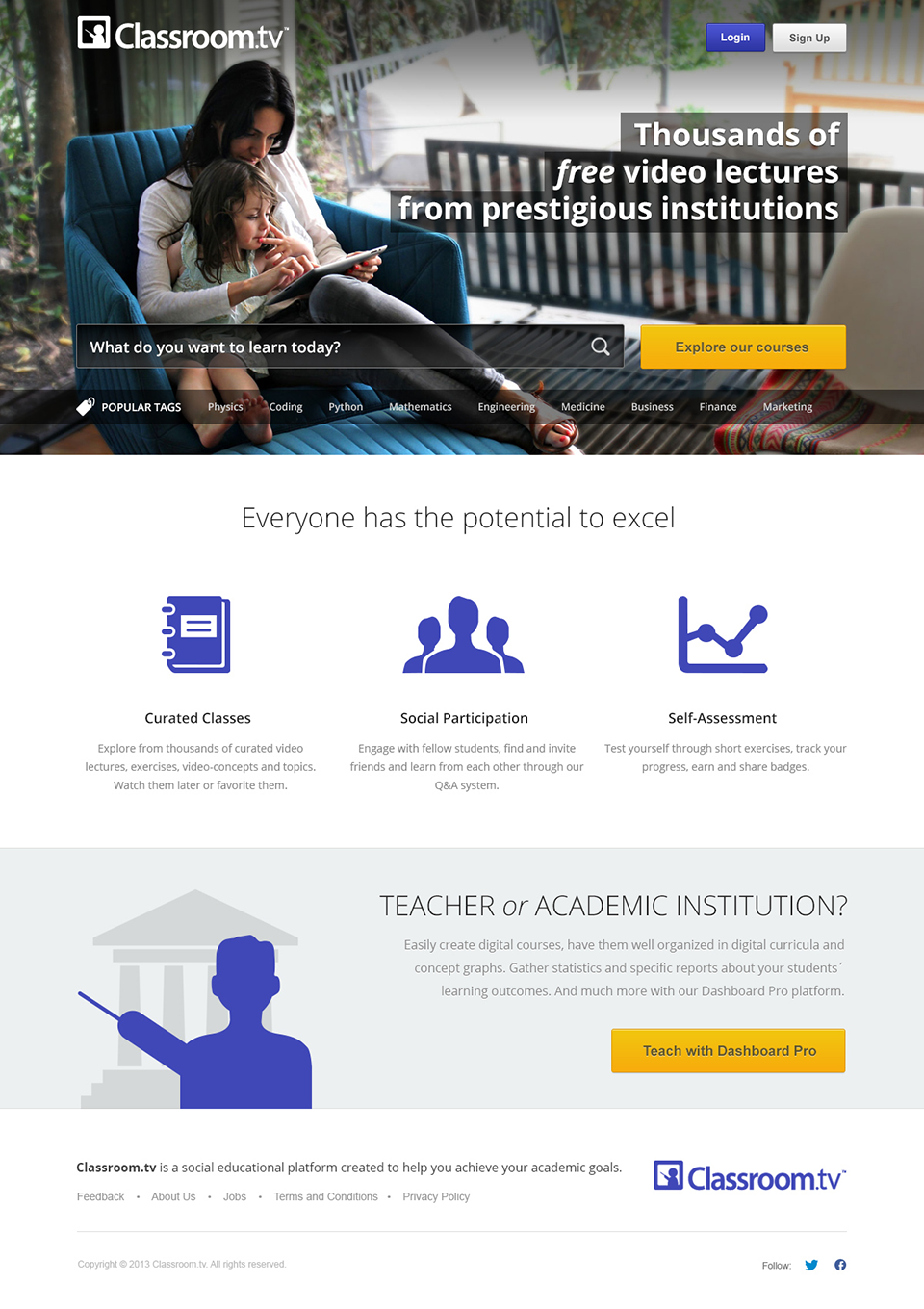 Classroom.tv homepage: a photo hero promising thousands of free video lectures, a search bar with popular tags, three feature icons (curated classes, social participation, self-assessment), and a section for teachers.