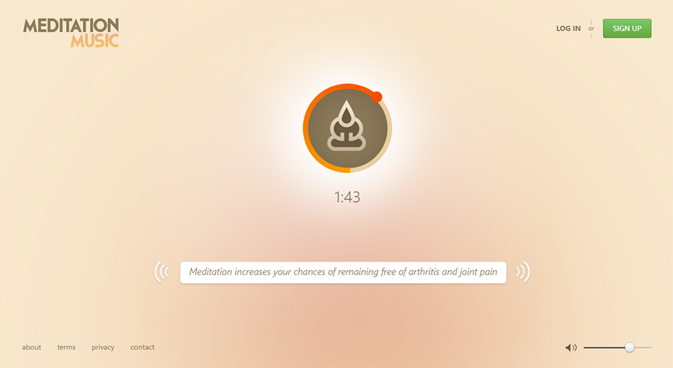 Meditation Music player on a warm peach gradient: a round illustrated meditating-figure button with a timer reading 1:43, a quoted tip about meditation, and a volume slider.