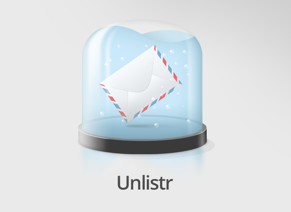 Unlistr illustration: an airmail envelope sealed inside a glass dome, with the wordmark below.