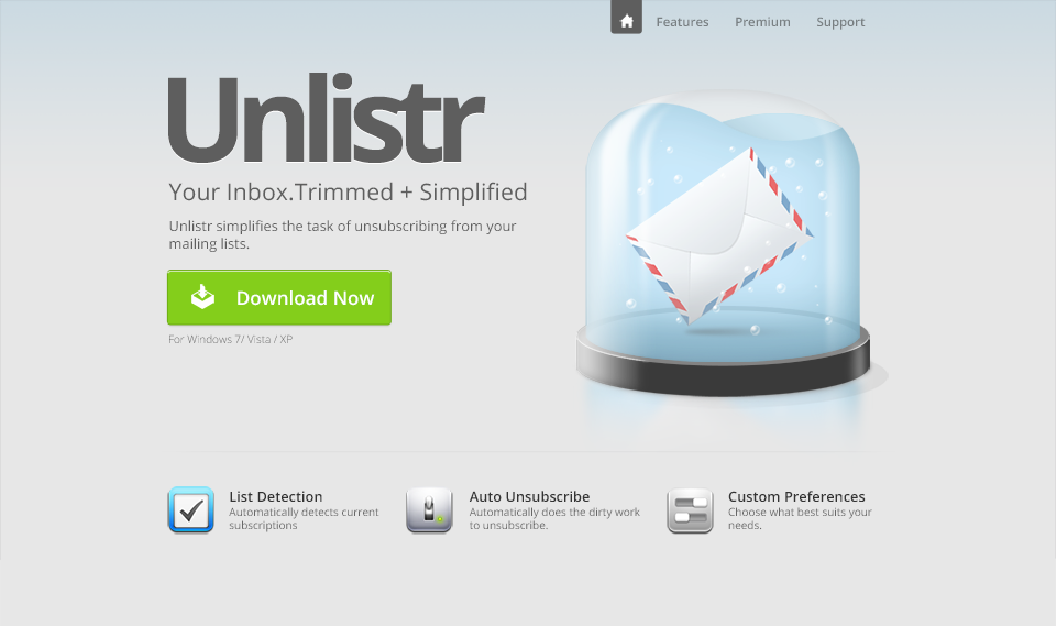 Unlistr landing page: ‘Your inbox. Trimmed + simplified’, a green Download Now button for Windows, the glass-dome illustration, and three feature blurbs.